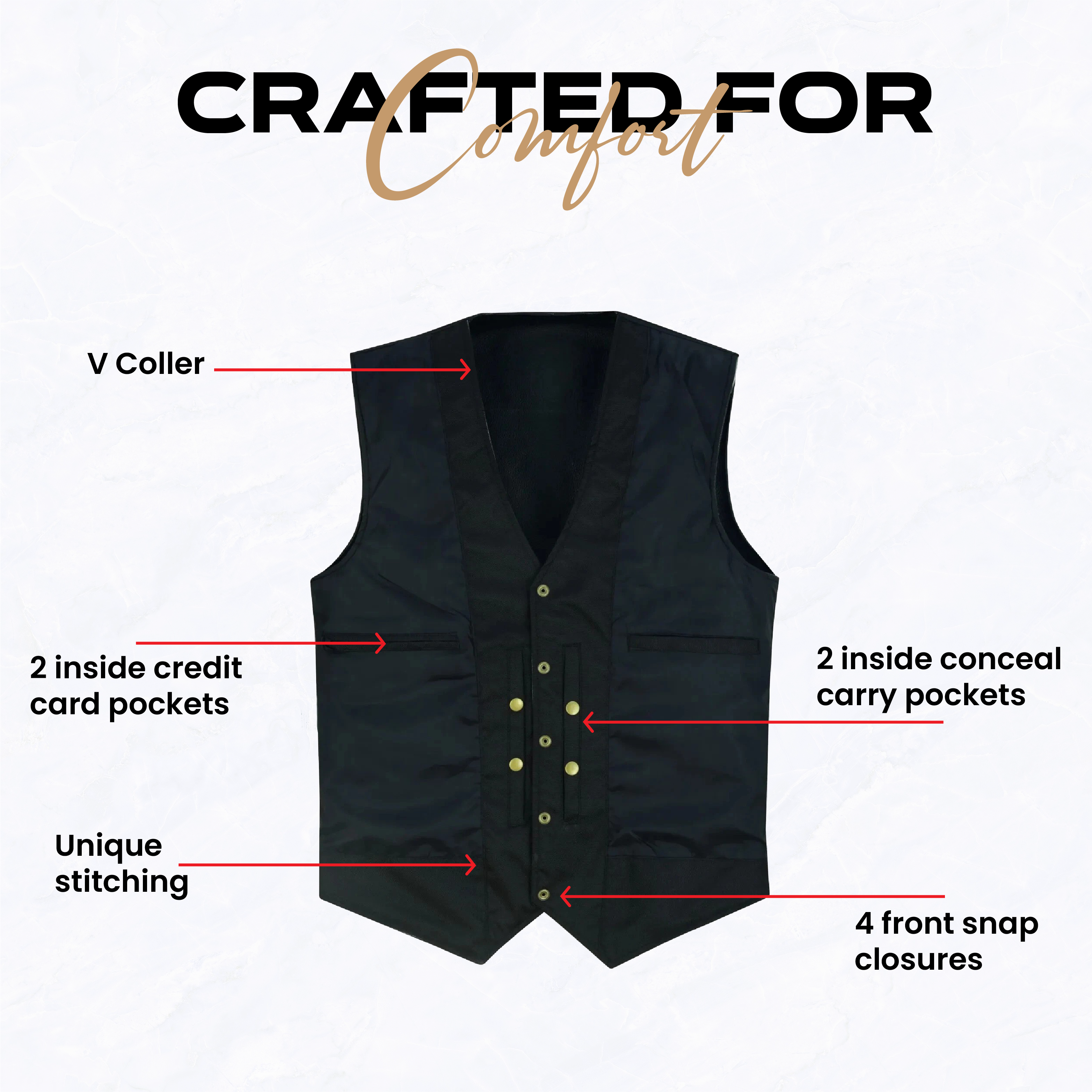 Black Leather Jacket for Men Front Vest with Gun Pockets