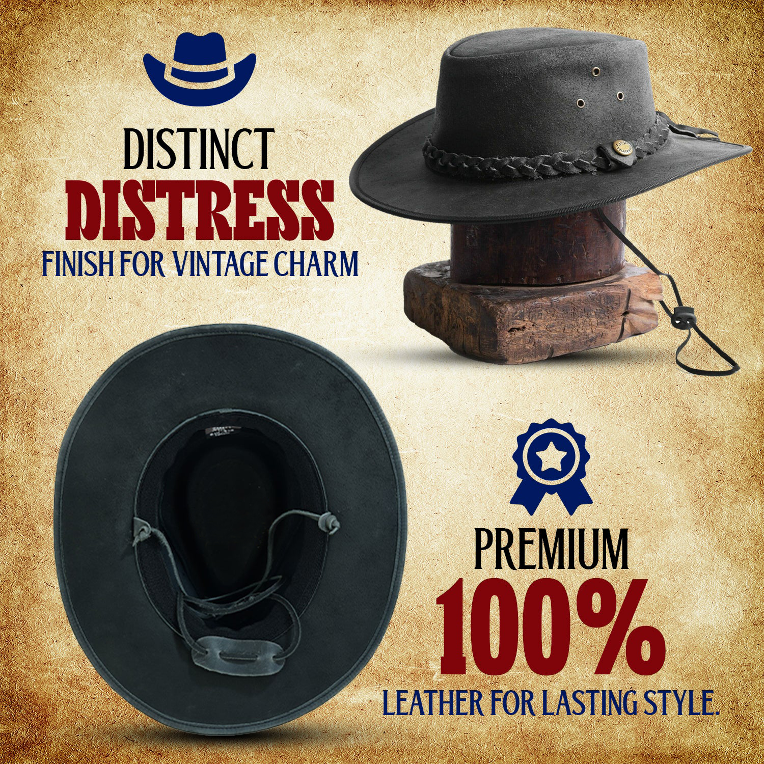 Vintage Cowhide Leather Western Hat – Customizable, Breathable, and Secure for Men & Women