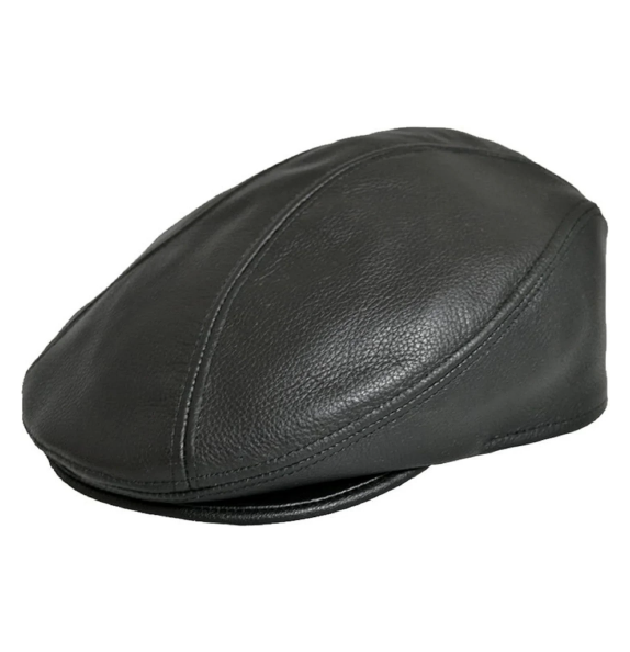 Men’s Genuine Cow Leather Ascot Cap – Classic Newsboy Ivy Flat Driver Hat in Black