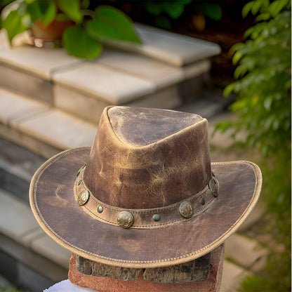 Falcon Suede Distressed Leather Cowboy Hat for Men with Buffalo Coin Band – Vintage Women's Cowgirl Hat with Trendy Hat Band