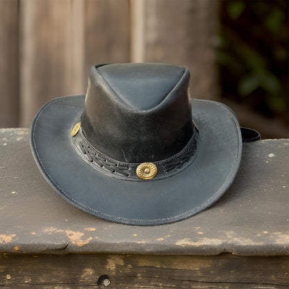 Falcon Suede Premium Black Leather Cowboy Hat for Men with Concho Band – Women's Cowgirl Hat with Adjustable Brim