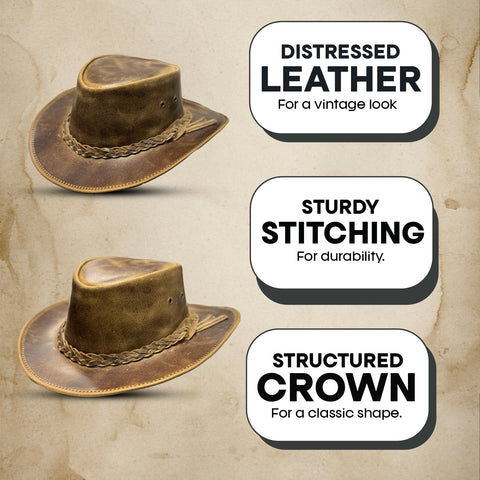 Falcon Suede Men's Rodeo Cowboy Hat – Genuine Distressed Brown Leather Cowgirl Hat with Detachable Chinstrap