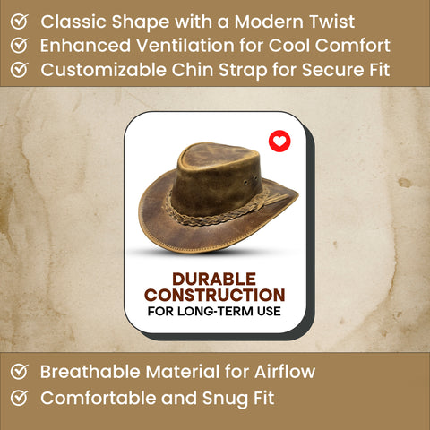 Falcon Suede Men's Rodeo Cowboy Hat – Genuine Distressed Brown Leather Cowgirl Hat with Detachable Chinstrap