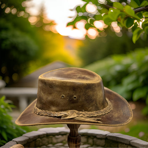 Falcon Suede Men's Rodeo Cowboy Hat – Genuine Distressed Brown Leather Cowgirl Hat with Detachable Chinstrap