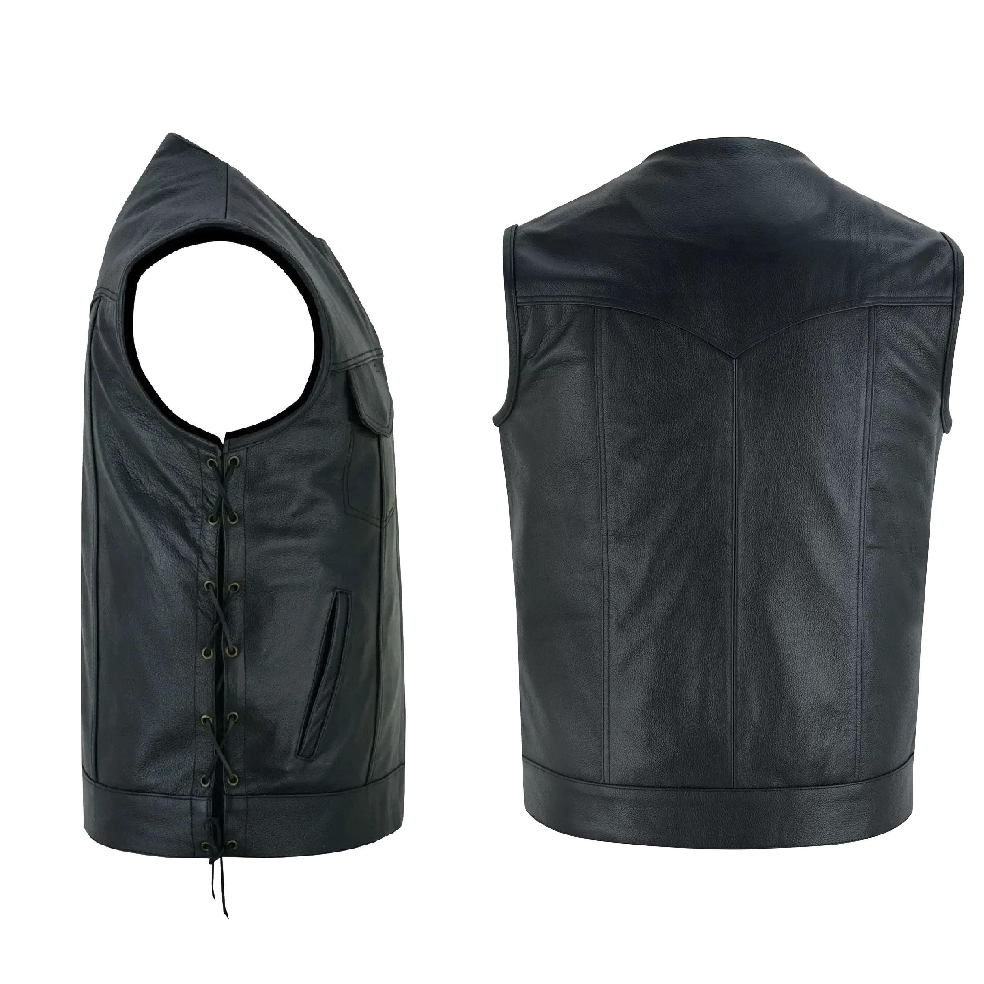 Men's Black Leather Collarless Club Style Motorcycle Rider Vest with Dual Front Closure Side laces