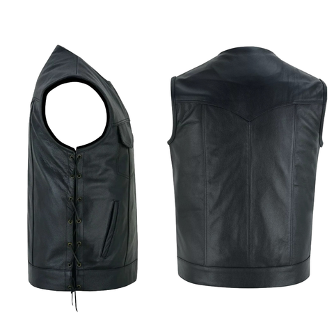 Men's Black Leather Collarless Club Style Motorcycle Rider Vest with Dual Front Closure Side laces