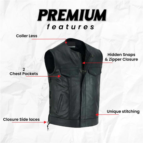 Men's Black Leather Collarless Club Style Motorcycle Rider Vest with Dual Front Closure Side laces