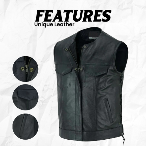 Men's Black Leather Collarless Club Style Motorcycle Rider Vest with Dual Front Closure Side laces