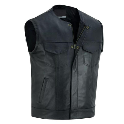Men's SOA Motorcycle Genuine Cowhide Leather Club Style Collarless Vest with Concealed Gun Pockets New