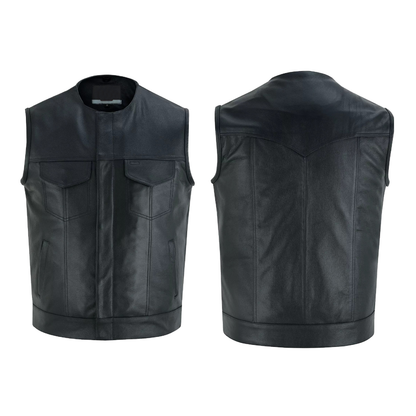 Men's SOA Motorcycle Genuine Cowhide Leather Club Style Collarless Vest with Concealed Gun Pockets New
