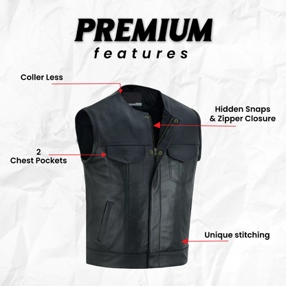 Men's SOA Motorcycle Genuine Cowhide Leather Club Style Collarless Vest with Concealed Gun Pockets New