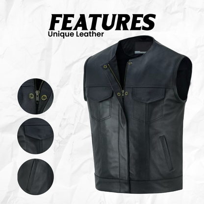 Men's SOA Motorcycle Genuine Cowhide Leather Club Style Collarless Vest with Concealed Gun Pockets New
