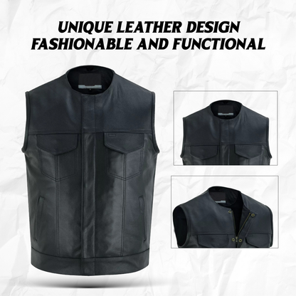 Men's SOA Motorcycle Genuine Cowhide Leather Club Style Collarless Vest with Concealed Gun Pockets New