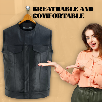 Men's SOA Motorcycle Genuine Cowhide Leather Club Style Collarless Vest with Concealed Gun Pockets New