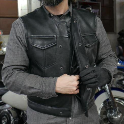 Men's SOA Motorcycle Genuine Cowhide Leather Club Style Collarless Vest with Concealed Gun Pockets New