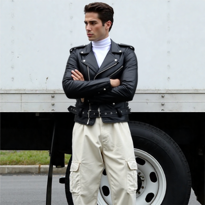 Men’s Real Leather Motorcycle Jacket – Classic Brando Biker Style in Premium Genuine Leather