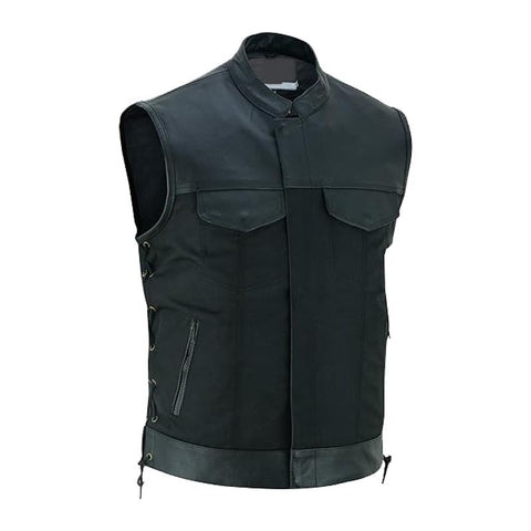Men’s Black Textile & Leather Vest – Multi-Closure Biker Style with Side Lace-Up