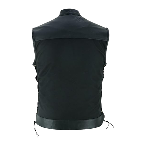 Men’s Black Textile & Leather Vest – Multi-Closure Biker Style with Side Lace-Up