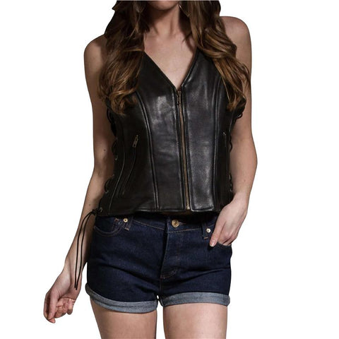 New Women's Classic Biker Real Cowhide Leather Vest Waistcoat