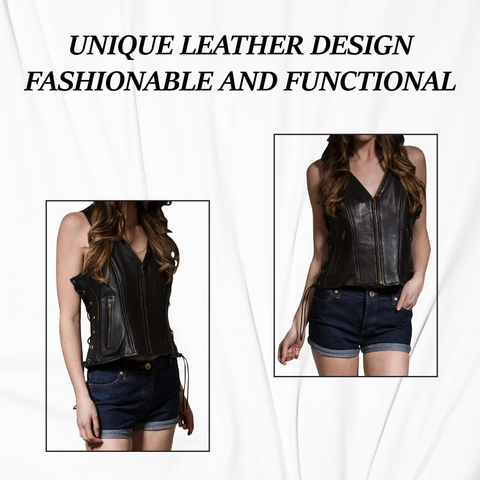 New Women's Classic Biker Real Cowhide Leather Vest Waistcoat