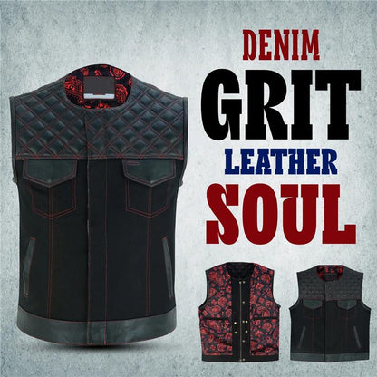 Men’s Motorcycle SOA Vest – Red Stitch Biker Vest with Customizable Back Panel and Adjustable Fit