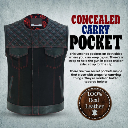 Men’s SOA Vest – Double Red Stitch Lace-Up Collar Biker Vest with Red Lining and Deep Pockets