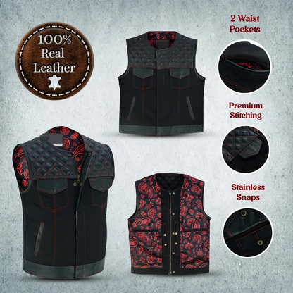 Men’s Motorcycle SOA Vest – Red Stitch Biker Vest with Customizable Back Panel and Adjustable Fit