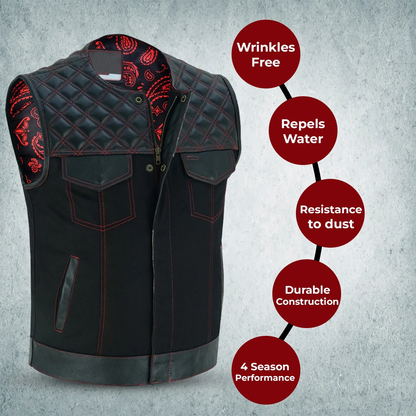 Men’s Motorcycle SOA Vest – Red Stitch Biker Vest with Customizable Back Panel and Adjustable Fit