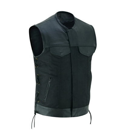 Men's Black Textile Vest with Cowhide Leather Trim, Zipper Front and Side Laces