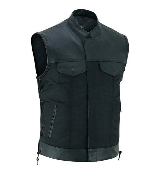 Men’s Black Textile & Leather Vest – Multi-Closure Biker Style with Side Lace-Up