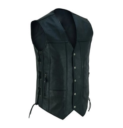Men's Black Leather Motorcycle Vest with 10 Pockets and Side Laces for Gun Storage