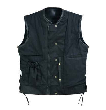 Men's Black Textile Vest with Cowhide Leather Trim, Zipper Front and Side Laces