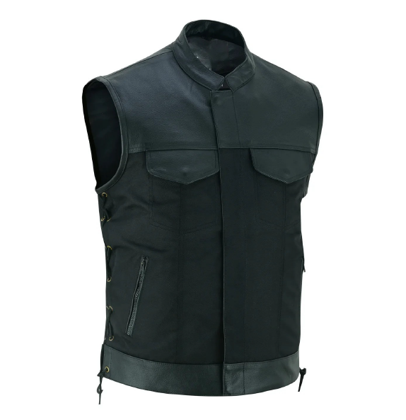 Lesa Collection Men’s Black Textile & Leather Vest – Multi-Closure Biker Style with Side Lace-Up