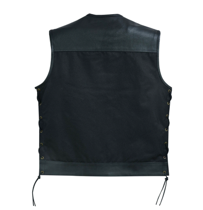 Men's Black Textile Vest with Cowhide Leather Trim, Zipper Front and Side Laces