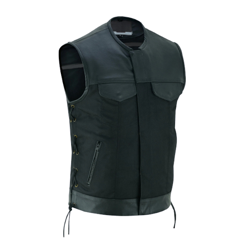 Men's Black Textile Vest with Cowhide Leather Trim, Zipper Front and Side Laces