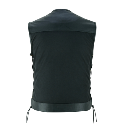 Men's Black Textile Vest with Cowhide Leather Trim, Zipper Front and Side Laces