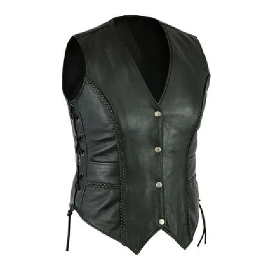 Ladies Black Leather Waistcoat Side Laces Motorcycle Style Biker Women's Vintage Vests