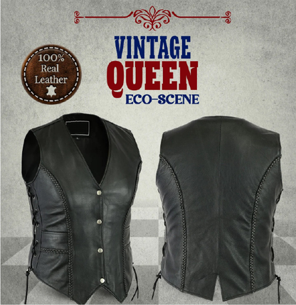 Ladies Black Leather Waistcoat Side Laces Motorcycle Style Biker Women's Vintage Vests