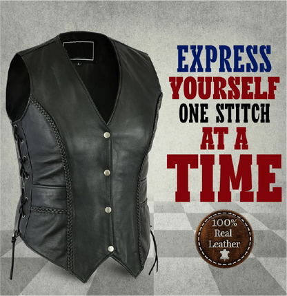 Ladies Black Leather Waistcoat Side Laces Motorcycle Style Biker Women's Vintage Vests