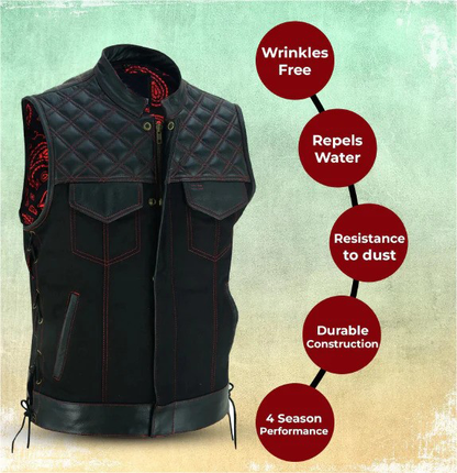 Men’s SOA Vest – Double Red Stitch Lace-Up Collar Biker Vest with Red Lining and Deep Pockets