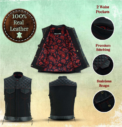 Men’s SOA Vest – Double Red Stitch Lace-Up Collar Biker Vest with Red Lining and Deep Pockets