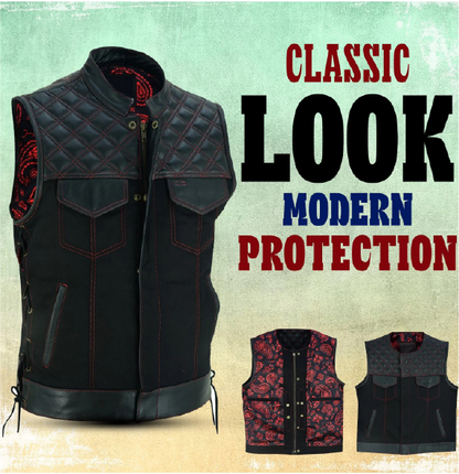 Men’s SOA Vest – Double Red Stitch Lace-Up Collar Biker Vest with Red Lining and Deep Pockets