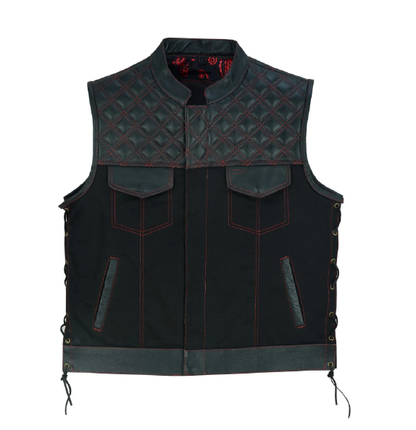 Men’s SOA Vest – Double Red Stitch Lace-Up Collar Biker Vest with Red Lining and Deep Pockets