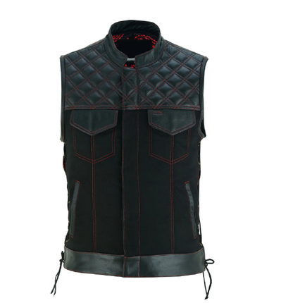 Men’s SOA Vest – Double Red Stitch Lace-Up Collar Biker Vest with Red Lining and Deep Pockets