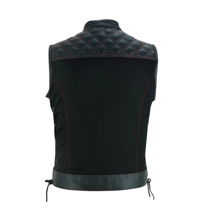Men’s SOA Vest – Double Red Stitch Lace-Up Collar Biker Vest with Red Lining and Deep Pockets