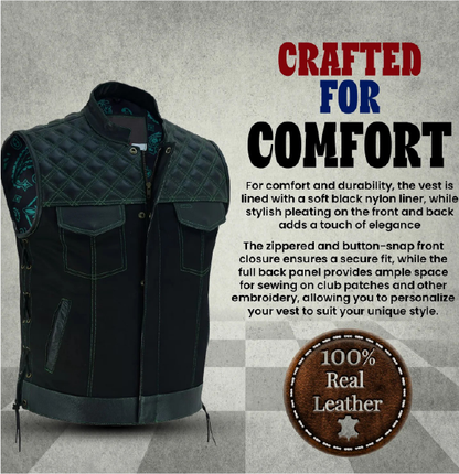 Men's Black Denim and Leather Motorcycle Club Vest with green Thread Diamond Padding, Green Stitches, and Lace-Up Details for an Awesome Biker Look!