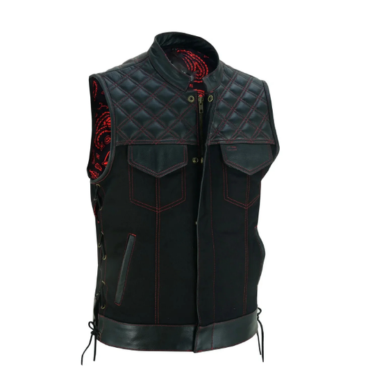 Men’s SOA Vest – Double Red Stitch Lace-Up Collar Biker Vest with Red Lining and Deep Pockets