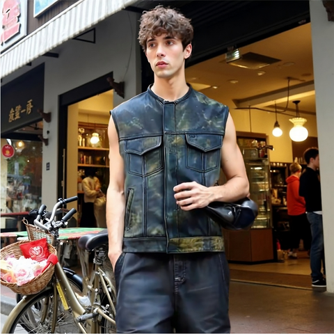 Men's Distressed Brown Leather Motorcycle Vest with Dual Closure and Gun Pocket