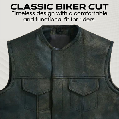 Men's Distressed Brown Leather Motorcycle Vest with Dual Closure and Gun Pocket