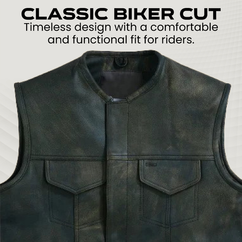 Men's Distressed Brown Leather Motorcycle Vest with Dual Closure and Gun Pocket